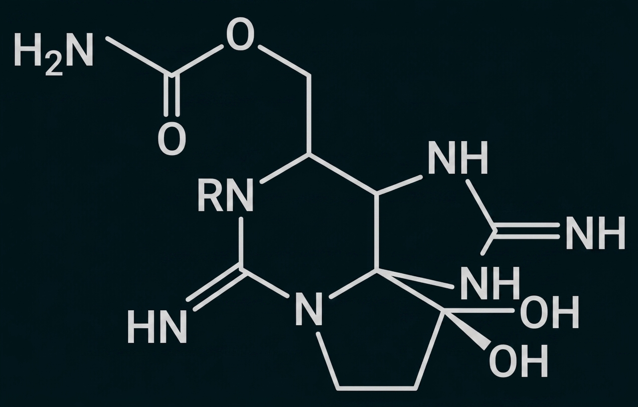 Chemische Strukturformel eines komplexen organischen Moleküls mit Ringen, NH- und OH-Gruppen, schwarz-weiß gezeichnet